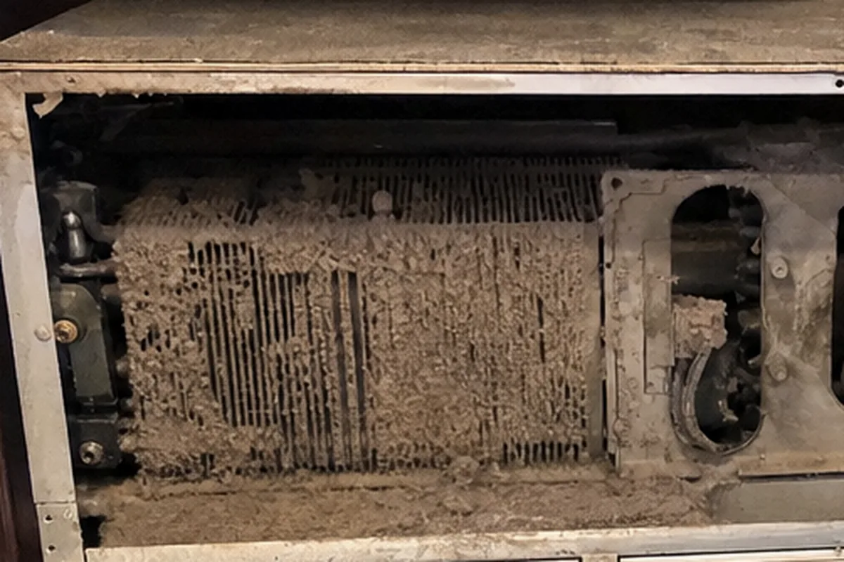 A cooling fan bank and finned heat exchanger furred over with dust and salt film inside an appliance compartment