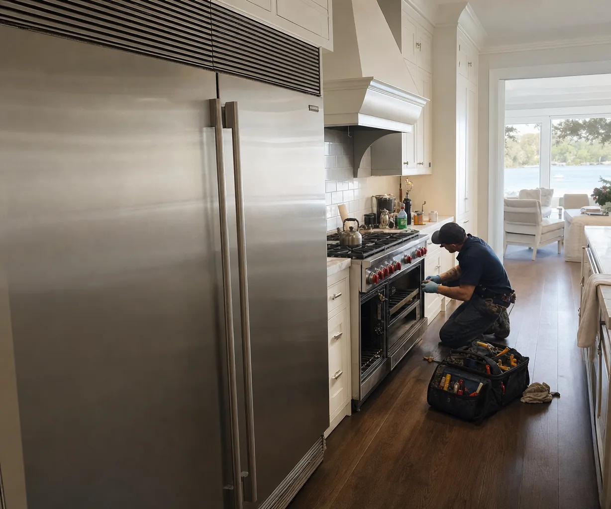 A technician in a dark cap and gloves kneels at the open lower oven of a stainless gas range with red knobs, his tool bag on the wood floor and water visible past the far windows