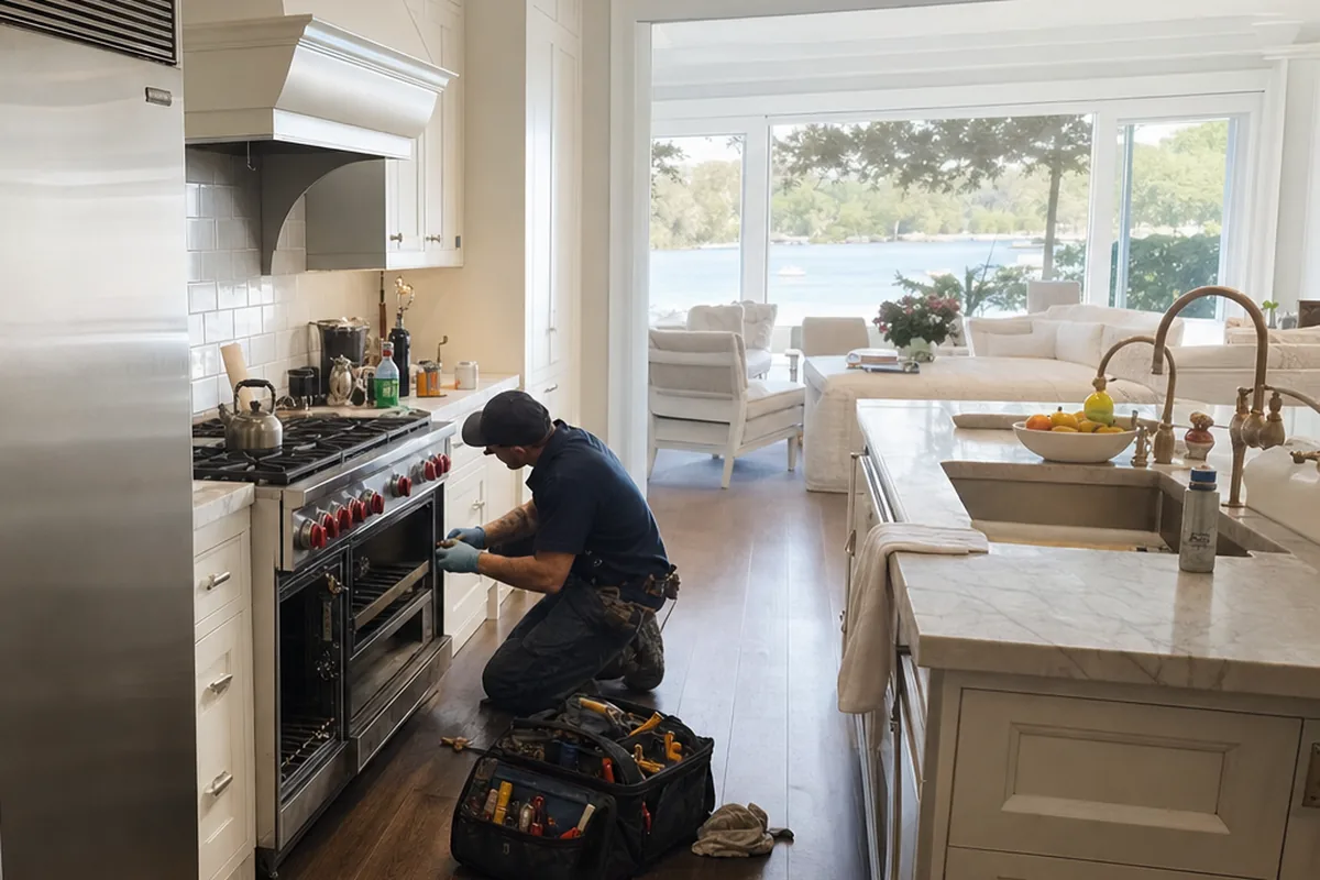 A long coastal kitchen with a marble island, a built-in range and a technician kneeling at it, the Intracoastal through the windows