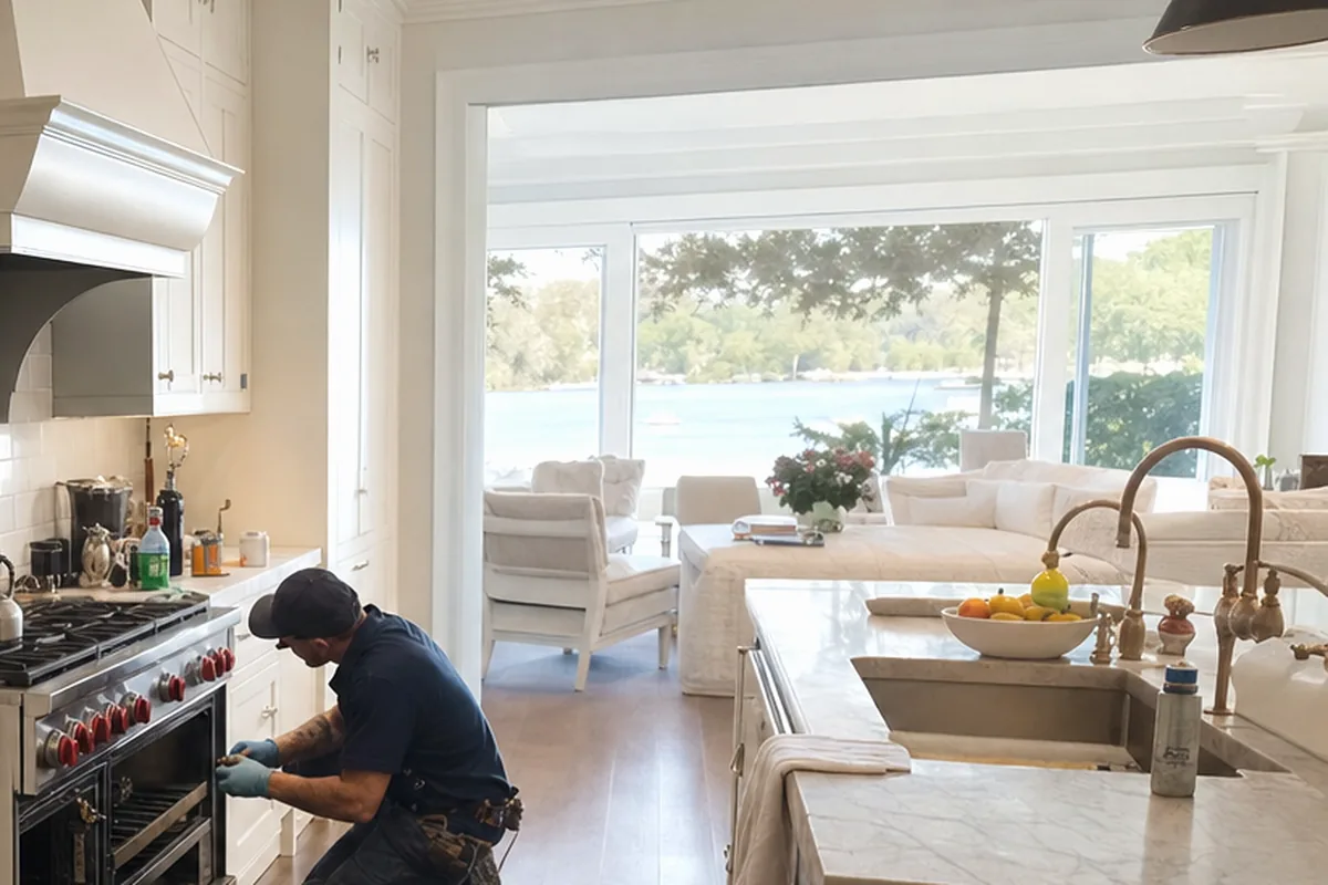 A technician kneeling at a built-in range in a coastal kitchen with his open tool bag on the boards beside him