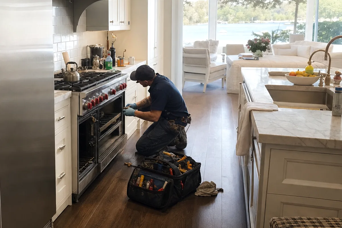A technician kneeling at the open oven of a built-in range in a bright coastal kitchen, tool bag open on the floor
