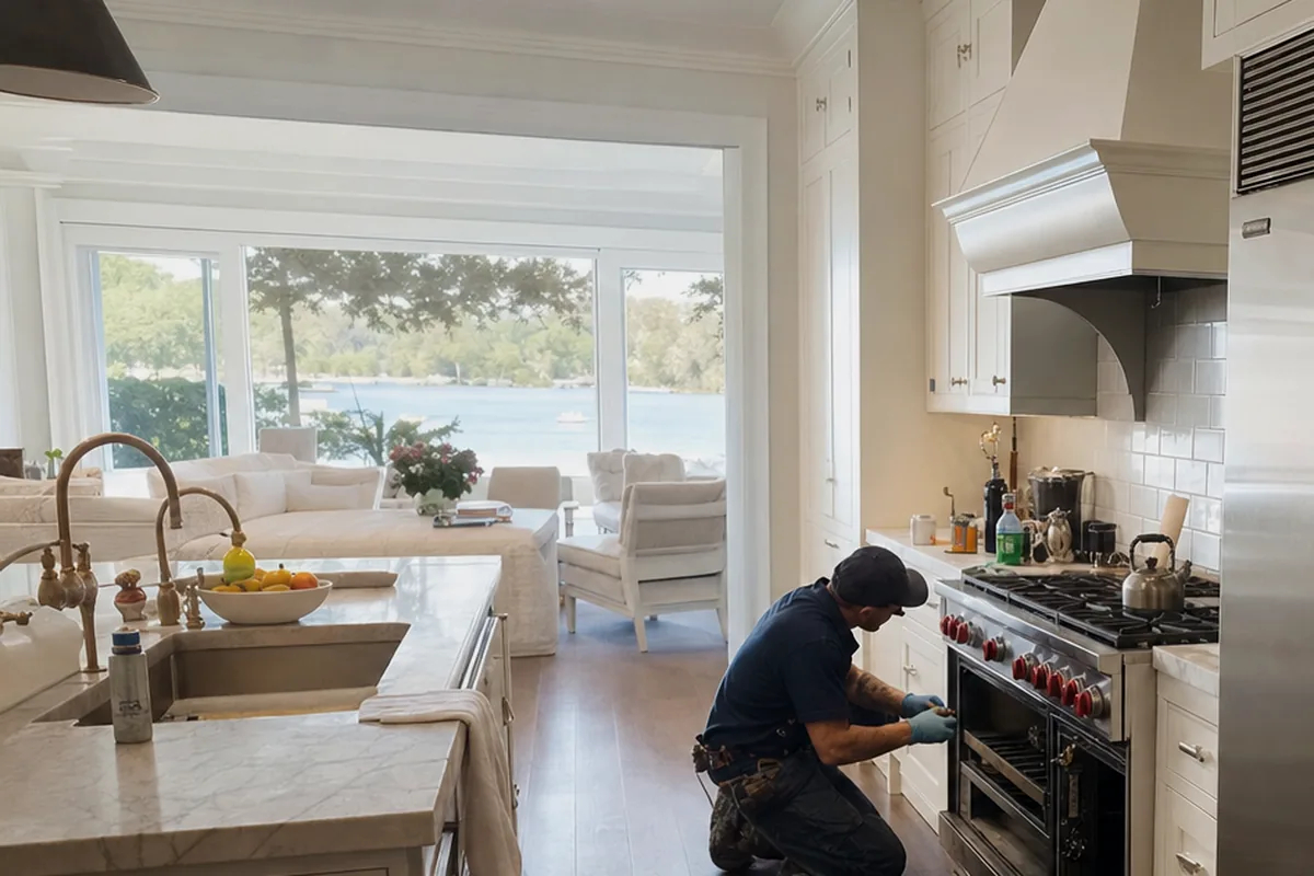 A wide coastal kitchen with a built-in range under a stainless hood and a technician working at it, water visible through the far windows