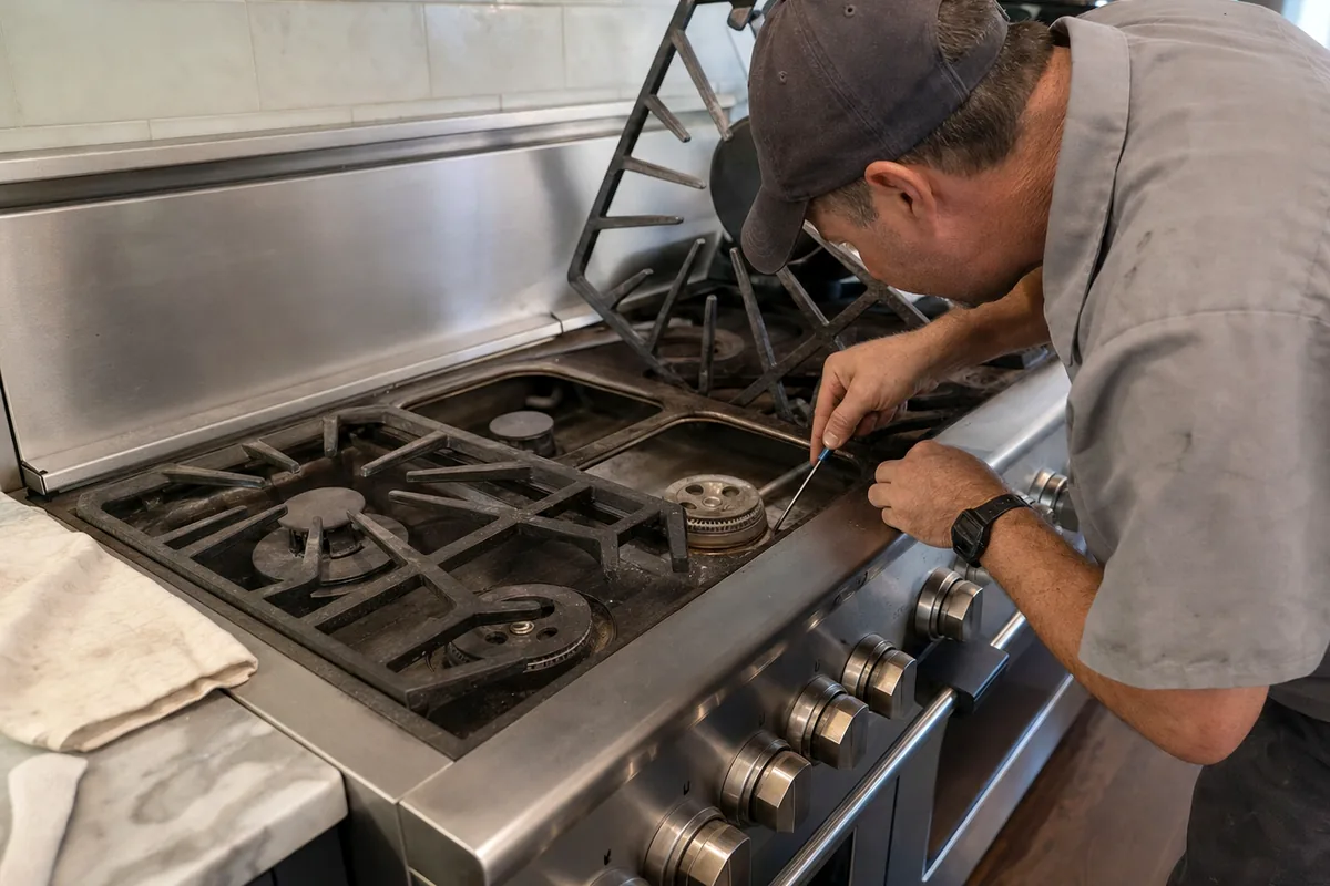 A technician holding a probe against a spark electrode beside an open burner well on a stainless range