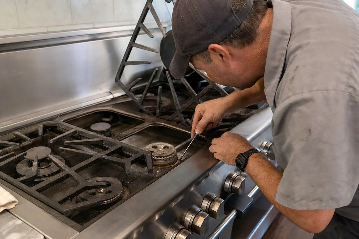 Close work on an open burner assembly with the cast grate removed, the igniter lead visible at the base