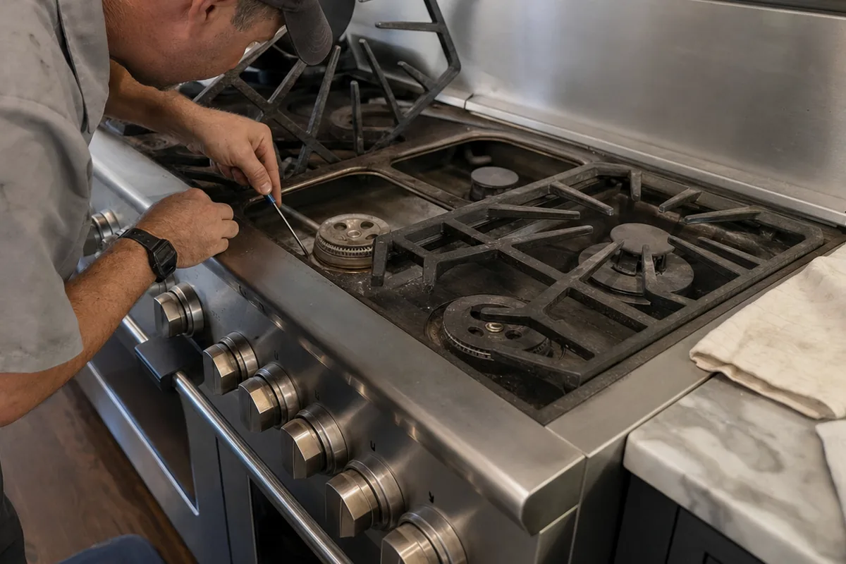 A technician leaning across a stainless pro range, working on a burner with the grates lifted off onto a cloth