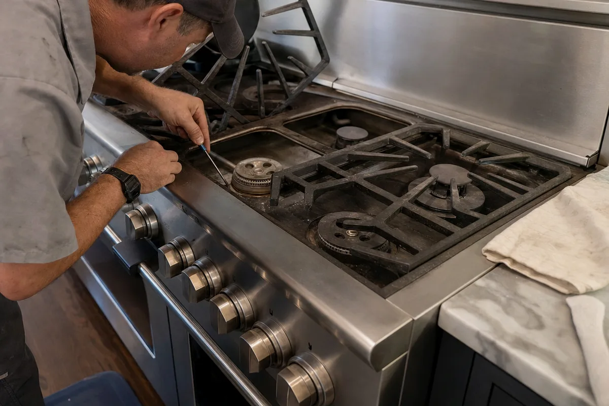 A technician bent over the burner deck of a stainless range, a spark electrode held between finger and thumb