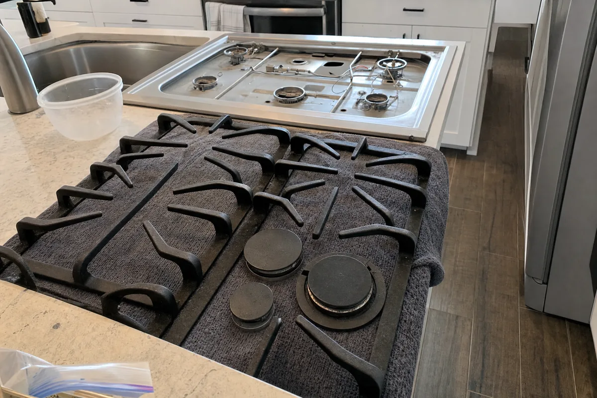 A stainless gas rangetop with its burner grates stacked on a protective mat and the sealed burners uncovered