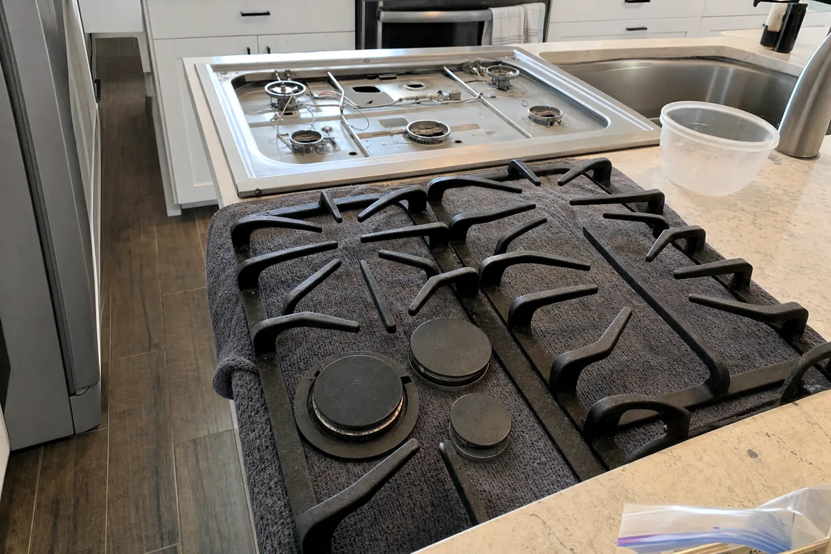 The stainless deck of a rangetop with the grates removed, the surface showing faint brown speckling around the burner rings