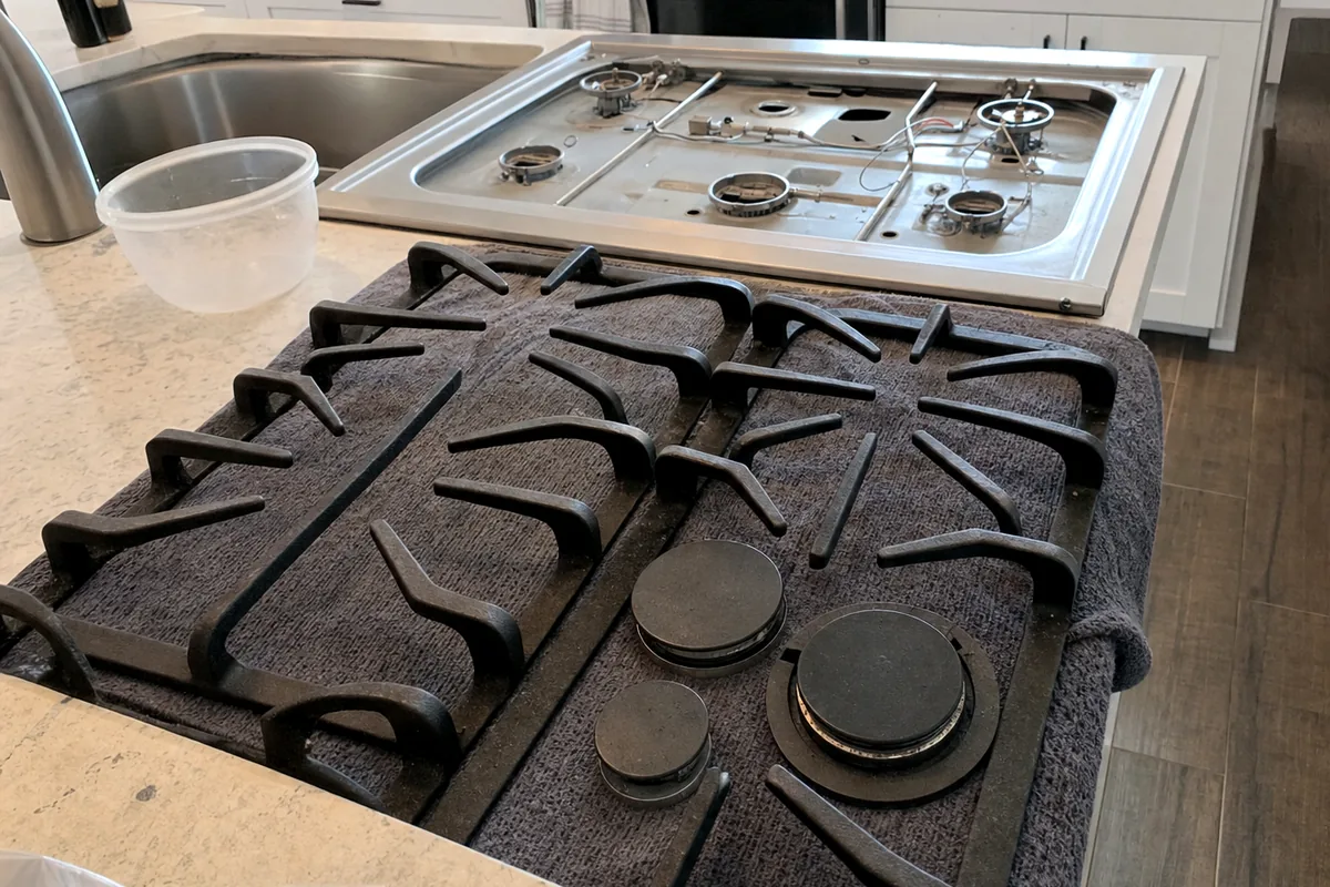 A gas rangetop with every grate lifted off and laid on a mat beside it, burner caps and rings exposed