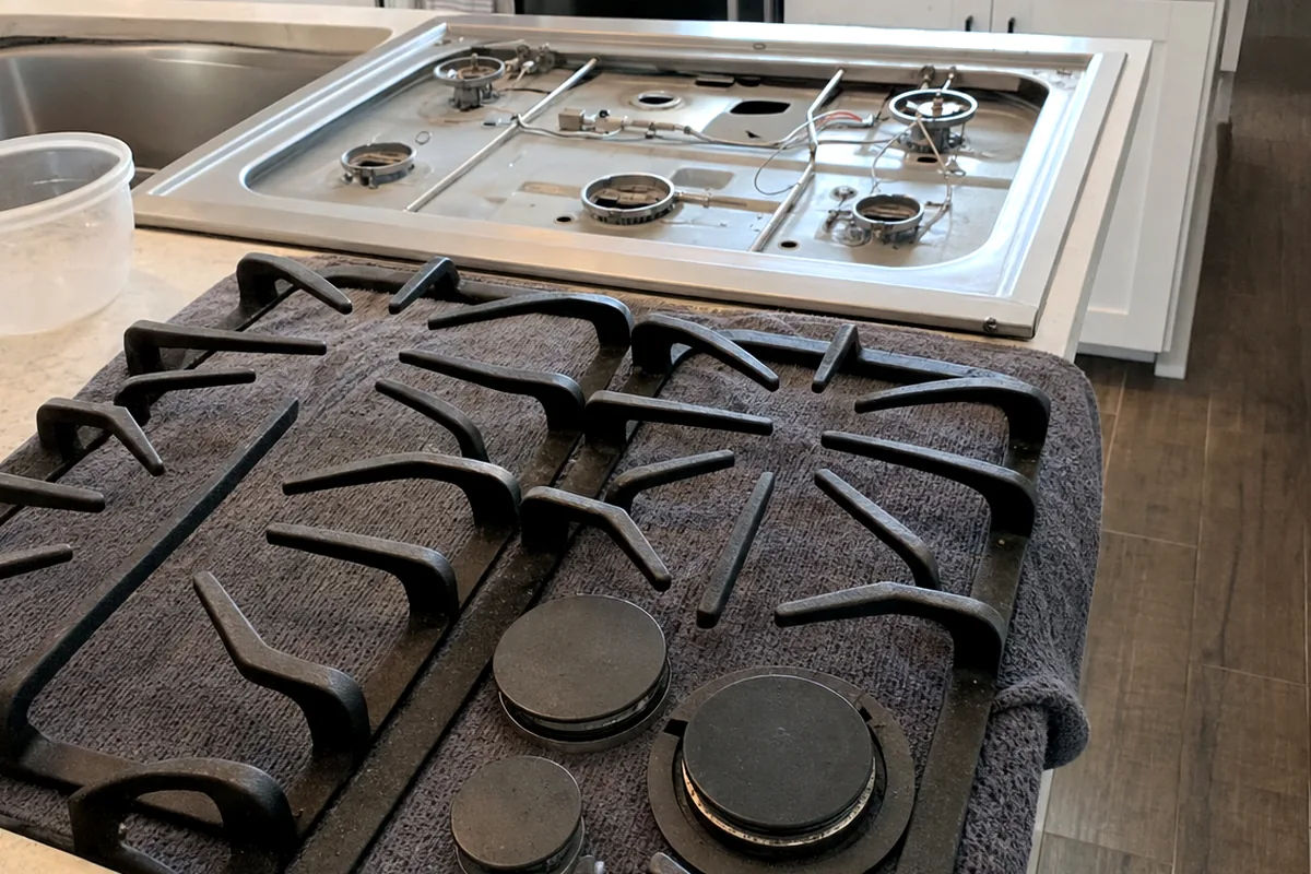 A rangetop with the grates set aside, showing the sealed burner heads and the spark electrodes beside them