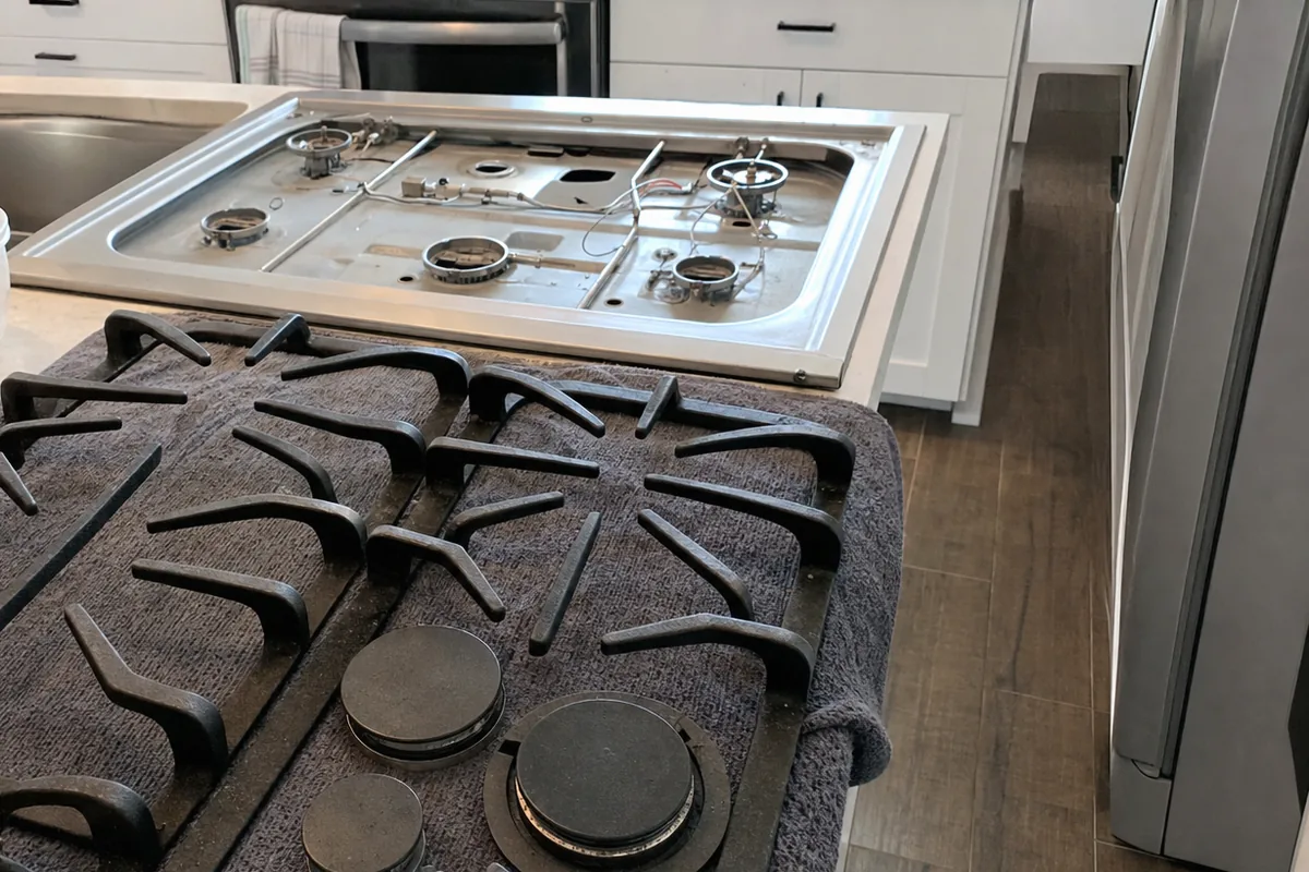 A stainless rangetop stripped of its grates on a protective mat, ready for the diagnostic to start