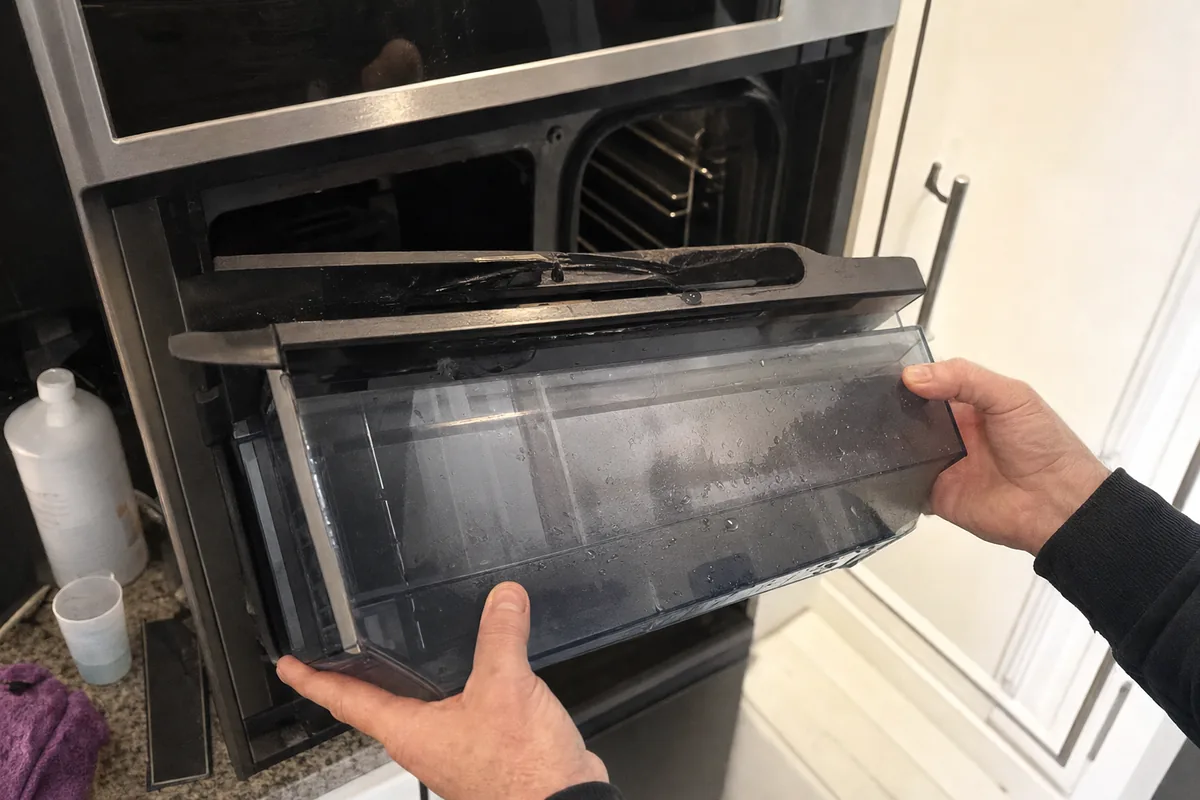 A steam oven reservoir lifted clear of its bay with both hands, the fill lid and level window in view