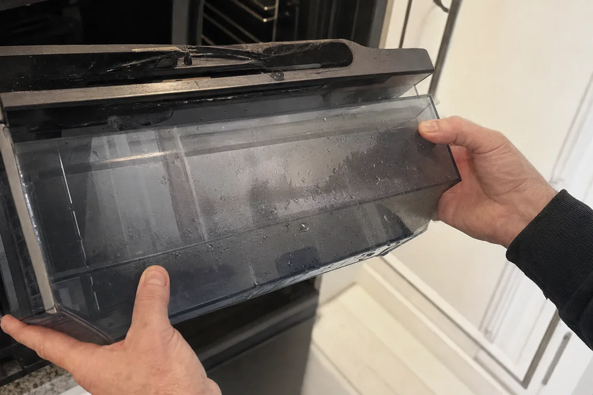 A water reservoir held out of an appliance bay, scale marks visible on the inside of the clear panel