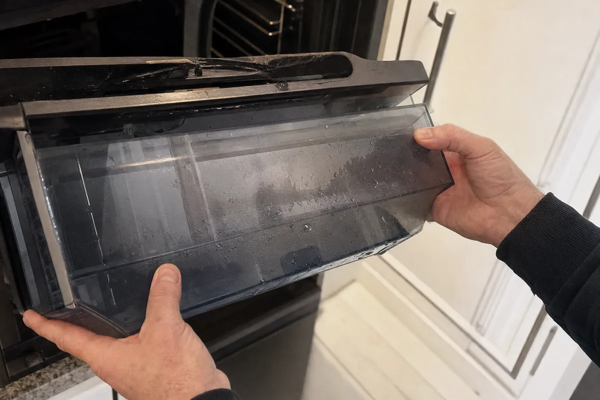A reservoir panel drawn out of a built-in oven bay, held level so the remaining water does not spill