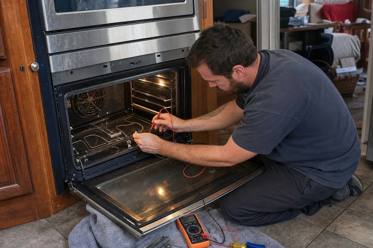 A technician kneeling at an open built-in wall oven with a meter probe on the bake element, multimeter on the towel beside him